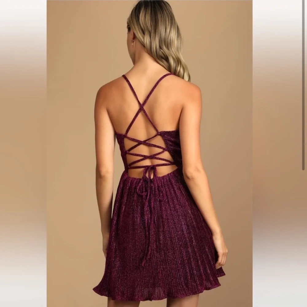 NWT Lulus Party Era Magenta Sparkly Lace-Up Pleated Skater Dress - Picture 3 of 9
